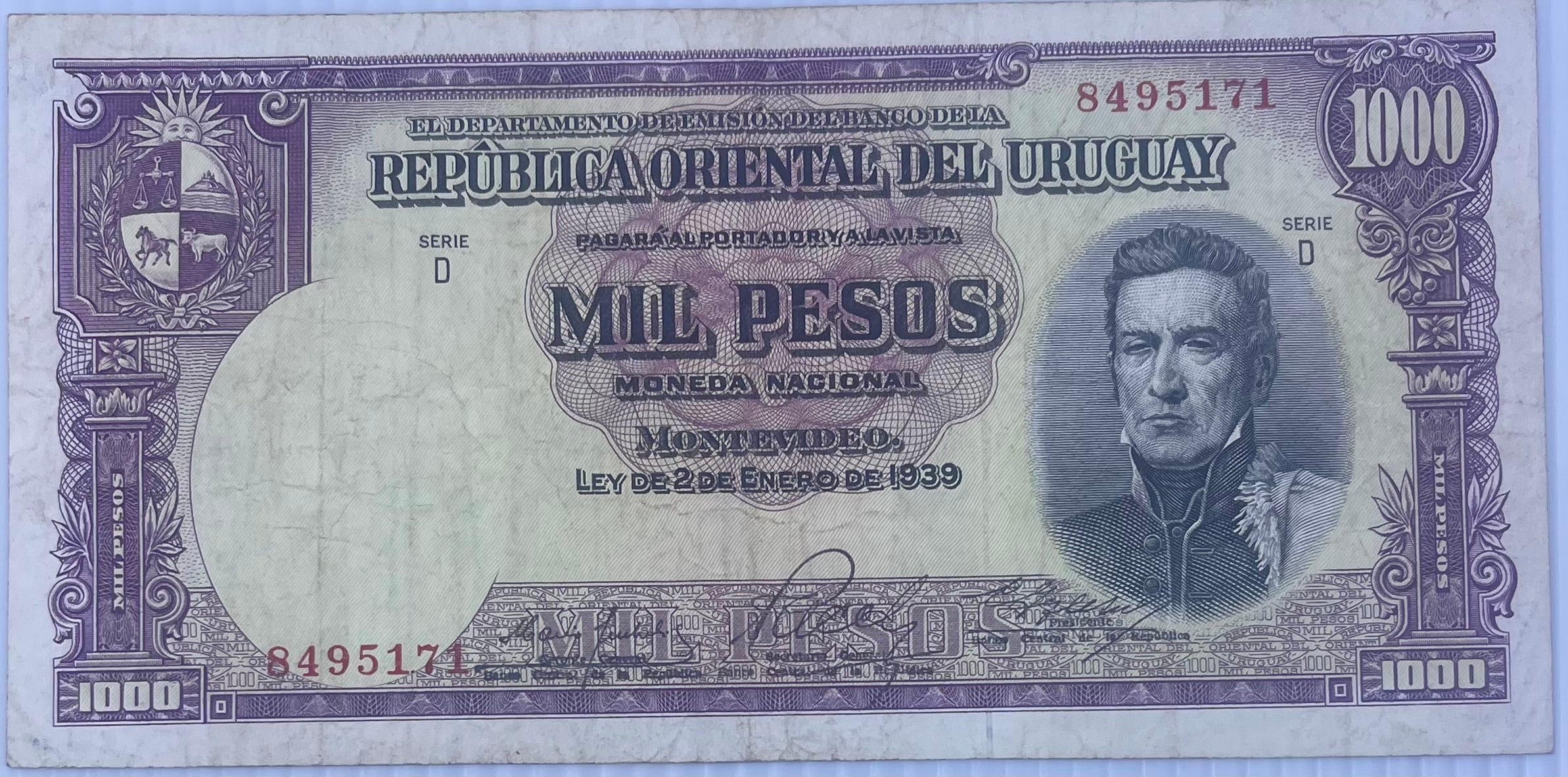 Uruguay 1967 1000 Pesos P-45s Used World Banknote Currency